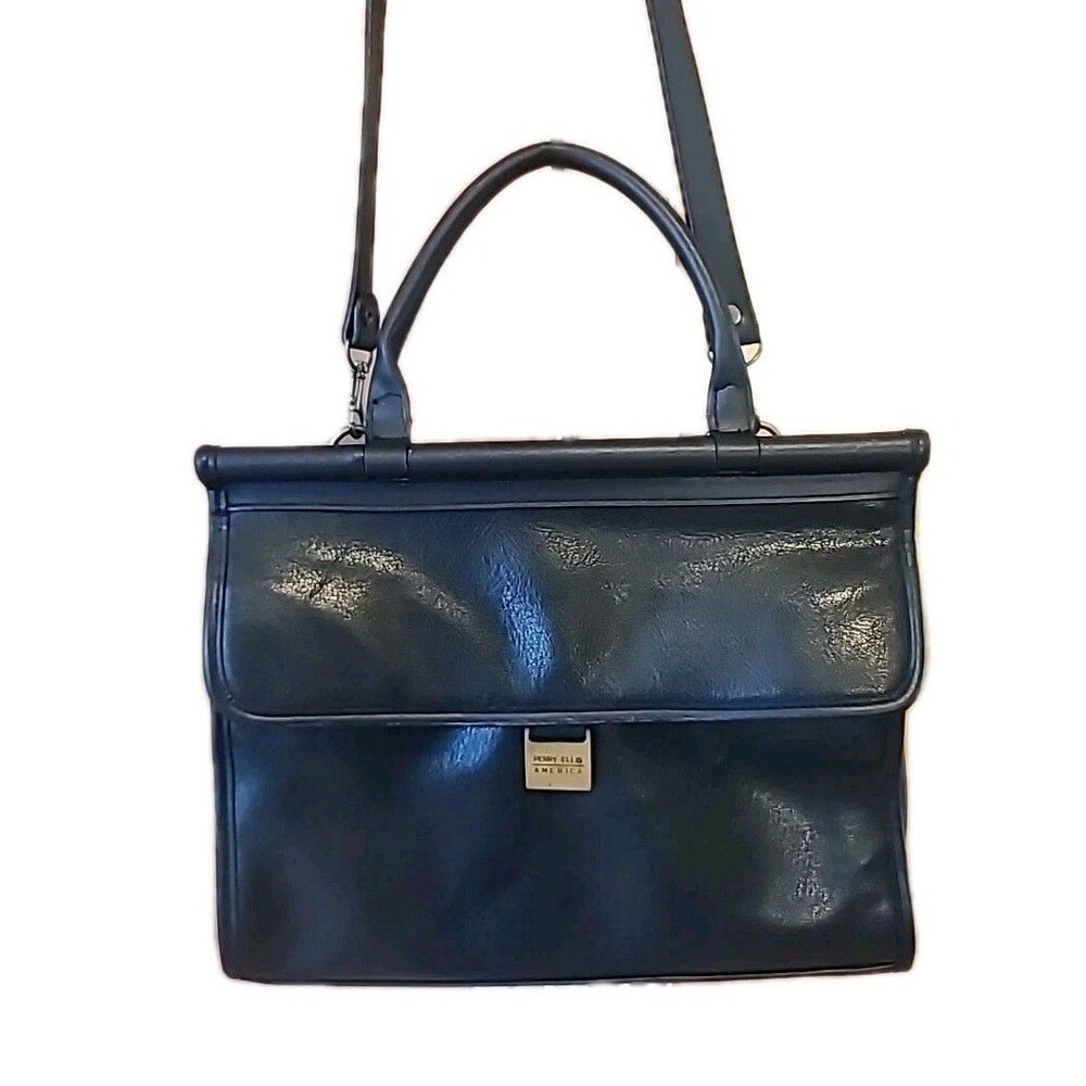Vintage 1980s Perry Ellis America Black Leather Tote  Handbag EUC Clean Inside!
